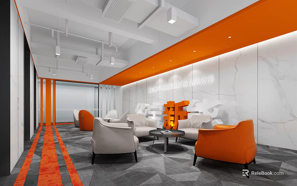 Modern Office Reception Area With Orange White Decor Marble Walls And Sofas 3d model