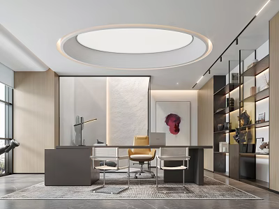 Modern Office Interior With Wooden Desk Leather Chair Glass Bookshelf And Abstract Painting 3d model