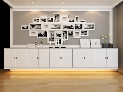 Modern Entryway Cabinet And Sideboard Interior With Black White Photo Wall Decor And Wooden Flooring 3d model