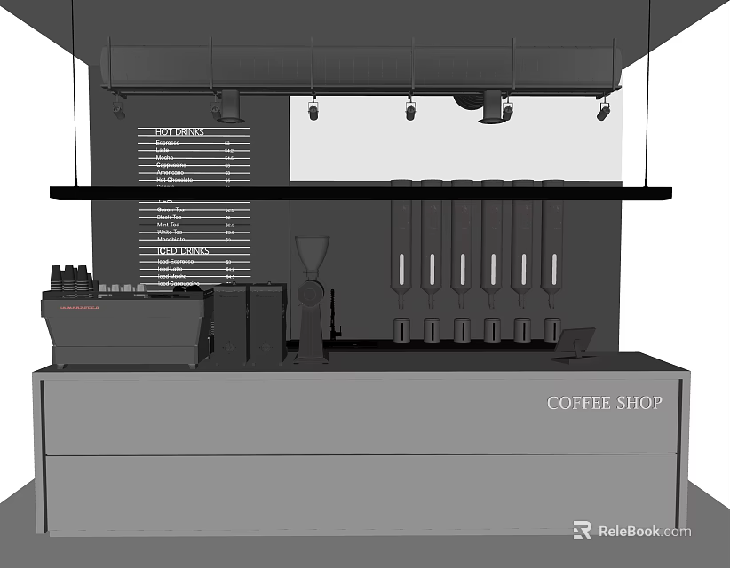 Coffee Shop Bar Counter Design With Coffee Machines Menu Board And Hanging Utensils 3d model 