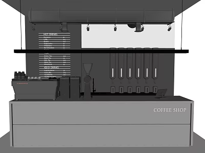 Coffee Shop Bar Counter Design With Coffee Machines Menu Board And Hanging Utensils 3d model