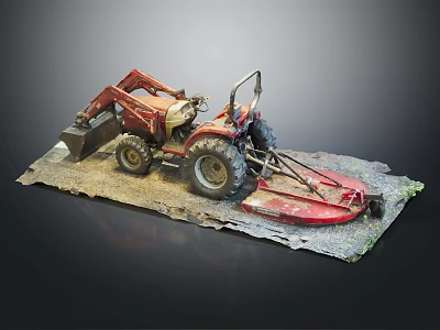 Red Tractor Model with Loader Bucket and Mower Attachment on Simulated Ground Base 3d model