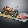Red Tractor Model with Loader Bucket and Mower Attachment on Simulated Ground Base 3d model