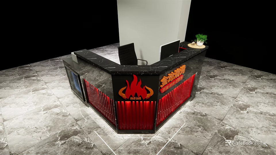 Modern Black Red Reception Desk With Flame Design And Vertical Red Slats 3d model 