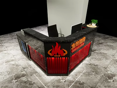 Modern Black Red Reception Desk With Flame Design And Vertical Red Slats 3d model