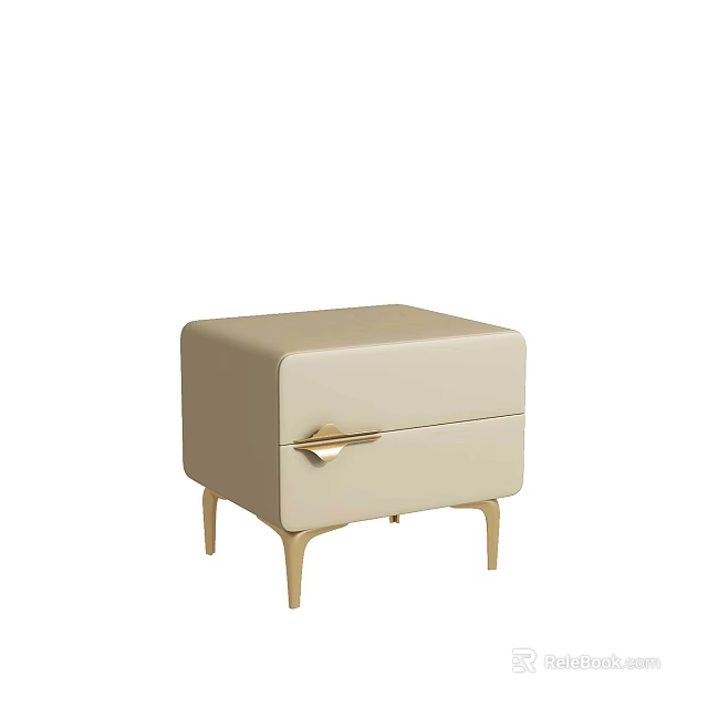 Elegant Modern Beige Nightstand With Drawer Gold Handle And Gold Legs 3d model 