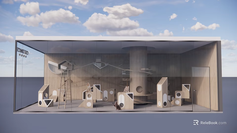 Modern Mall Store Interior With Wooden Geometric Display Units And Glass Facade Design 3d model 