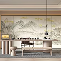 Traditional Tea Room Interior Design With Mountain Landscape Wall Tea Table And Tea Sets 3d model