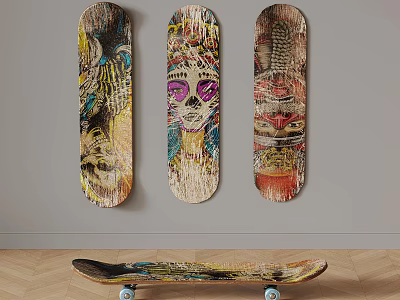 Colorful Decorative Skateboards With Unique Artistic Designs On Wall And Floor 3d model