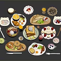 Assorted Delicious Breakfast Foods On Various Plates Including Bread Eggs Fruits And Drinks