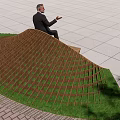 Curved Wooden Landscape Seat Design With Man Sitting On Lawn And Paved Area