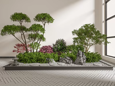 Indoor Miniature Garden Design With Green Trees Pink Shrubs Stones And White Pebbles By Window 3d model
