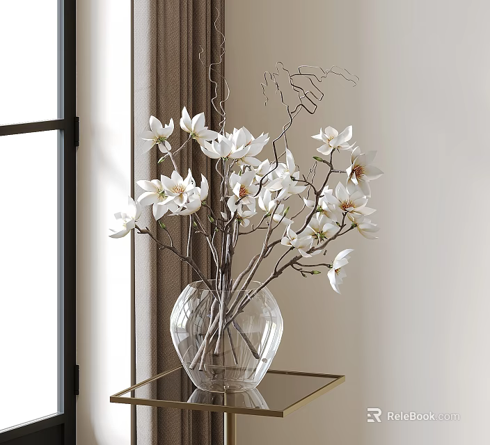 Transparent Glass Vase With White Magnolia Flowers On Golden Table By Window With Curtain 3d model 
