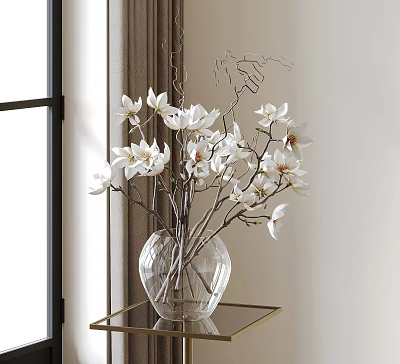 Transparent Glass Vase With White Magnolia Flowers On Golden Table By Window With Curtain 3d model