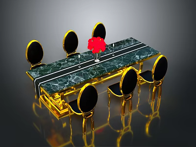 Elegant Dining Table Set With Green Marble Top Golden Frame Black Chairs And Red Flower 3d model
