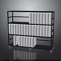 Industrial Equipment Storage Rack With Black Metal Frame Multiple Shelves And White Rolled Supplies
