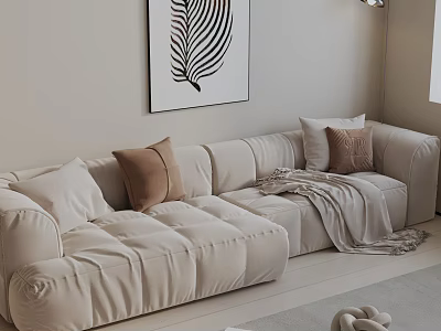 Modern Beige Three Seater Sofa with Throw Pillows Blanket Wall Art in Cozy Living Room 3d model