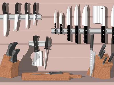 Kitchen Knives Set With Wooden Block Wall Mounted and Cutting Board 3d model