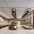 Spacious Modern Restaurant Interior With Neat Tables Buffet Counter Wall Painting Bright Lighting And Ceiling Plants