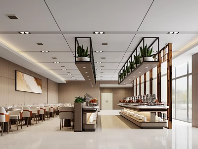 Spacious Modern Restaurant Interior With Neat Tables Buffet Counter Wall Painting Bright Lighting And Ceiling Plants 3d model