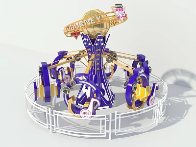Colorful Amusement Ride with DODONPA Sign Blue and Purple Design Spinning Seats and White Railings 3d model