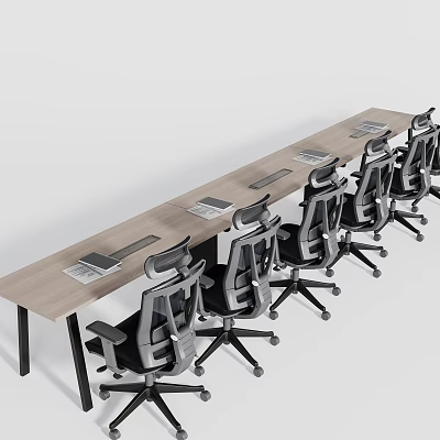 Modern Office Desk And Chair Set With Ergonomic Wheeled Seats And Wooden Tabletop 3d model