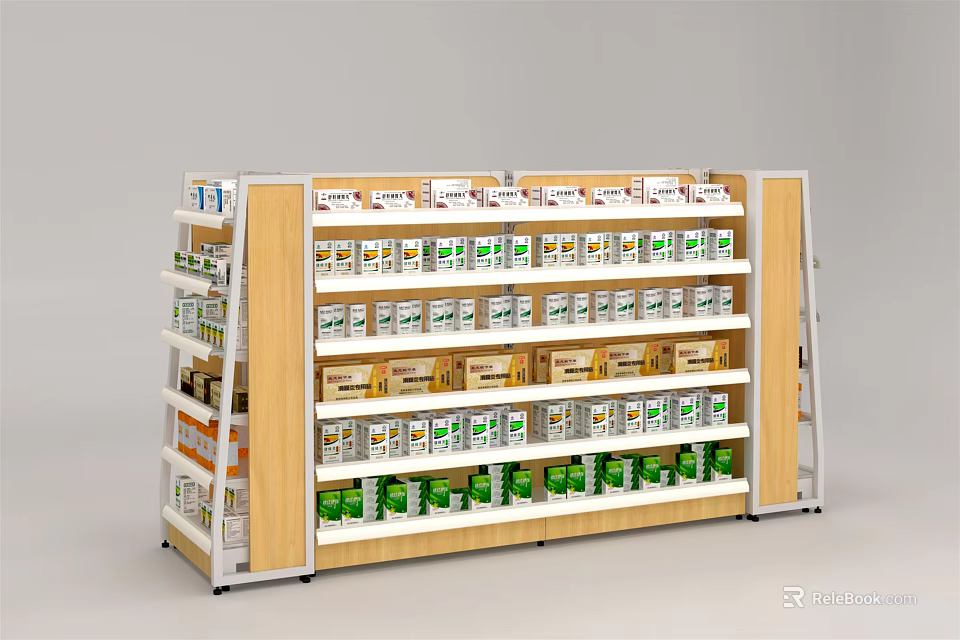 Multi Tiered Retail Display Shelf With Wooden Metal Frame Displaying Green White Packaged Goods 3d model 