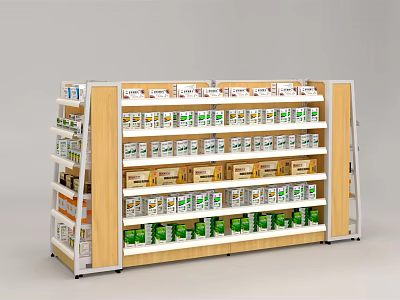Multi Tiered Retail Display Shelf With Wooden Metal Frame Displaying Green White Packaged Goods 3d model