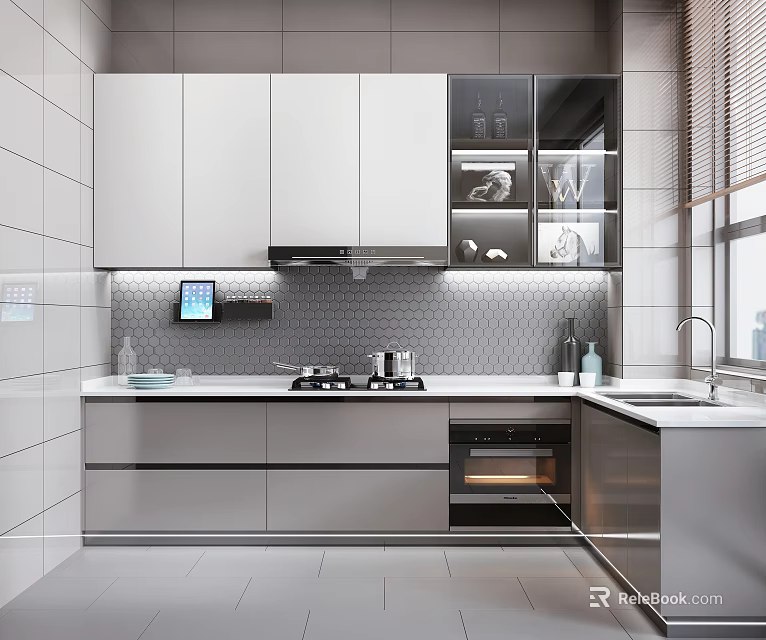 Modern Kitchen With White Gray Cabinets Glass Door Countertop And Hexagon Tile Backsplash 3d model 