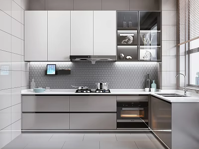 Modern Kitchen With White Gray Cabinets Glass Door Countertop And Hexagon Tile Backsplash 3d model