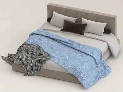 Double Bed with Beige Upholstered Headboard White and Brown Pillows Blue Blanket and Gray Throw 3d model