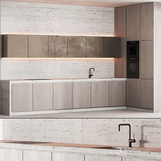 Modern Kitchen Interior With Stylish Cabinets White Textured Wall Countertop And Brushed Faucet 3d model 