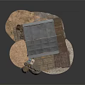 Rustic Outdoor Stall With Gray Roof Wooden Platform Stone Base And Clay Pots