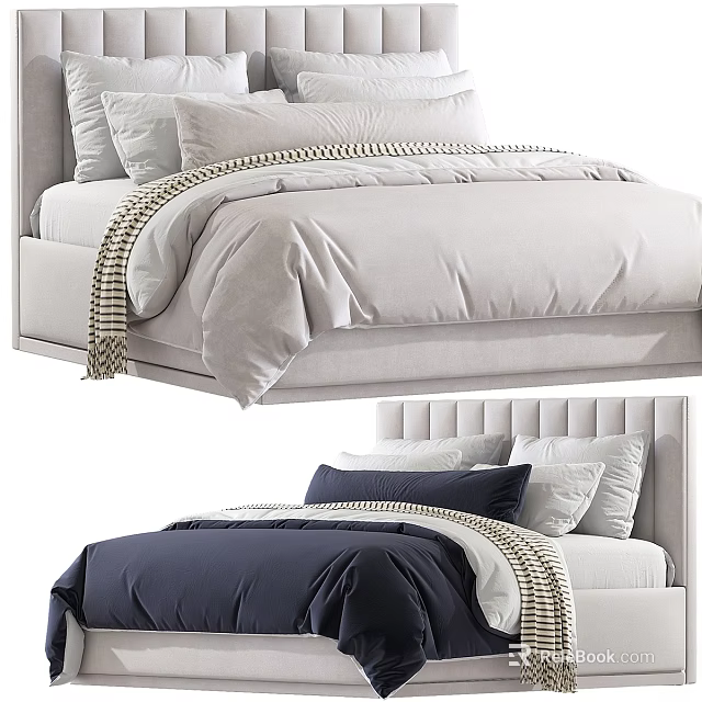 Elegant Upholstered Bed Designs With Light Gray Navy Blue Bedding And Decorative Pillows 3d model 