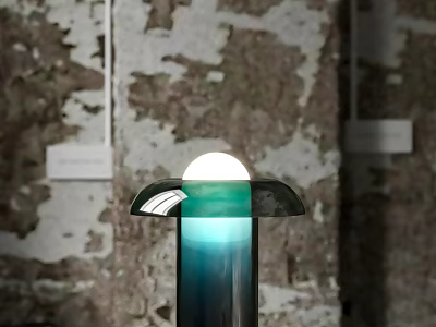 Stylish Table Lamp With Green Curved Shade White Light And Blue Glow Against Mottled Wall 3d model