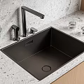 Black Kitchen Sink With Quartz Countertop Silver Faucet Glass Cups Wooden Cabinets