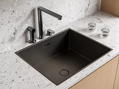 Black Kitchen Sink With Quartz Countertop Silver Faucet Glass Cups Wooden Cabinets 3d model