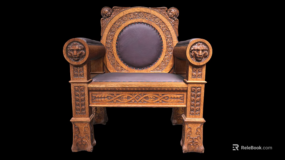 Antique Wooden Armchair With Lion Head Armrests And Carved Leather Backrest 3d model 
