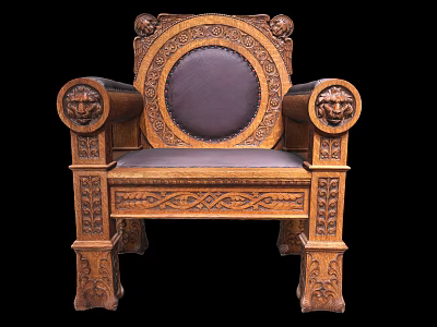 Antique Wooden Armchair With Lion Head Armrests And Carved Leather Backrest 3d model