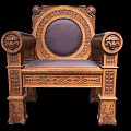 Antique Wooden Armchair With Lion Head Armrests And Carved Leather Backrest