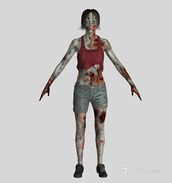 Female Zombie Character Featuring Red Tank Top Blue Denim Shorts Decayed Skin And Bloodstains 3d model 