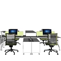 Modern Office Desk Setup With Multiple Workstations Green White Design Computer Monitors And Office Chairs 3d model