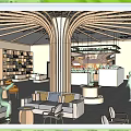 Café Interior With Bar Counter Green Plants Large Windows And Wooden Pillars
