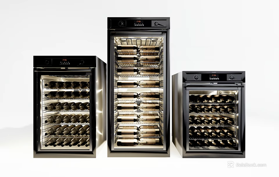Three Modern Black Wine Coolers With Glass Doors And Wine Bottle Storage 3d model 