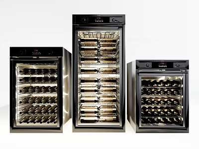 Three Modern Black Wine Coolers With Glass Doors And Wine Bottle Storage 3d model