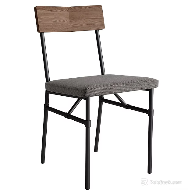 Modern Dining Chair With Wooden Back Gray Fabric Seat And Black Metal Frame 3d model 