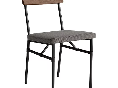 Modern Dining Chair With Wooden Back Gray Fabric Seat And Black Metal Frame 3d model