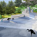 Rockery Stones Garden Landscape With Green Lawn Trees White Flowers Water Feature And Crane Sculptures