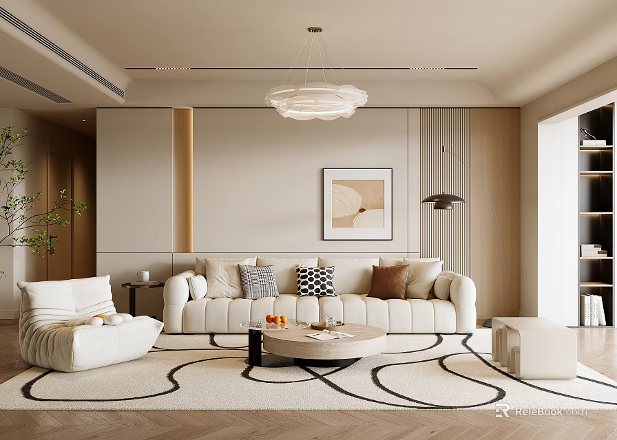 Modern Living Room Interior Featuring Beige Sofa White Armchair Round Coffee Table Rug And Chandelier 3d model 