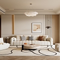 Modern Cream Style Living Room Sofa Coffee Table Combination Fabric Sofa Hanging Painting Chandelier Single Sofa Balcony Floor Lamp Stool 3d model